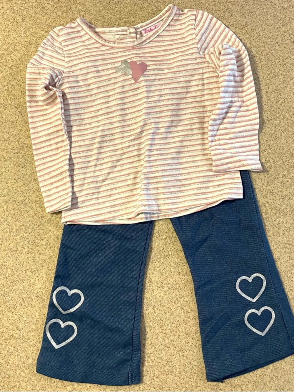 Little Lass Pink Striped Top with Blue Heart Pants Set - Picture 1 of 2
